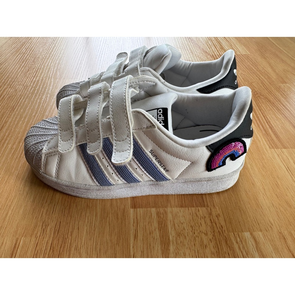 Adidas Superstar CF Kids Shoes White Pink Blue Rainbow Hook Loop Size 13.5K